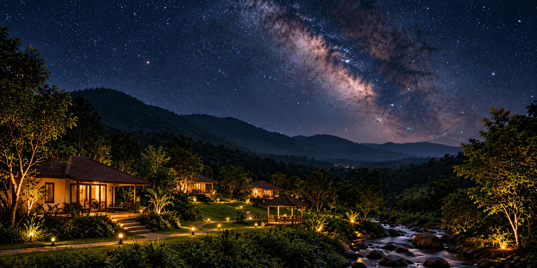 Starry night sky over the farmland 